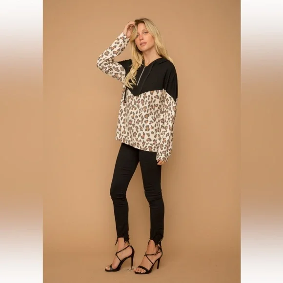 156. Leopard Print Color Block Half Zip Hoodie Black/Taupe NWT - Picture 4 of 8
